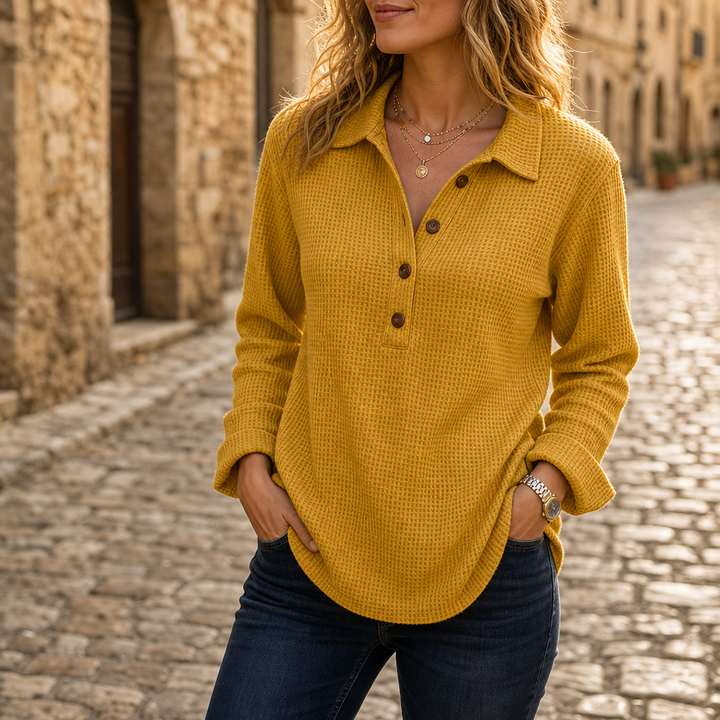 Wovella – Waffle-Knit Button Henley Top