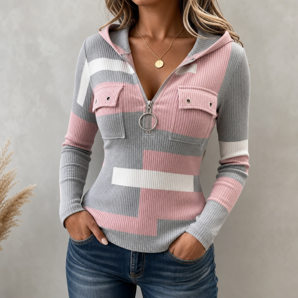 Ribette – Colorblock Ribbed Zip-Up Hooded Top