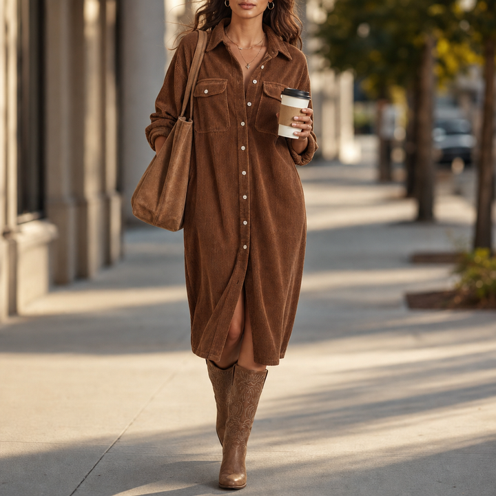Corvella – Ribbed Corduroy Button-Front Shirt Dress