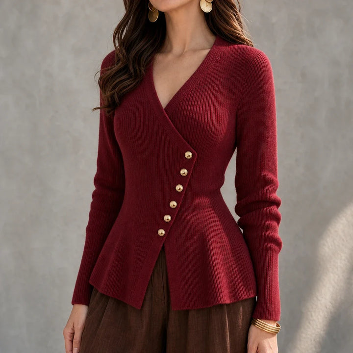 Peplina – Ribbed Asymmetrical Button-Front Peplum Sweater