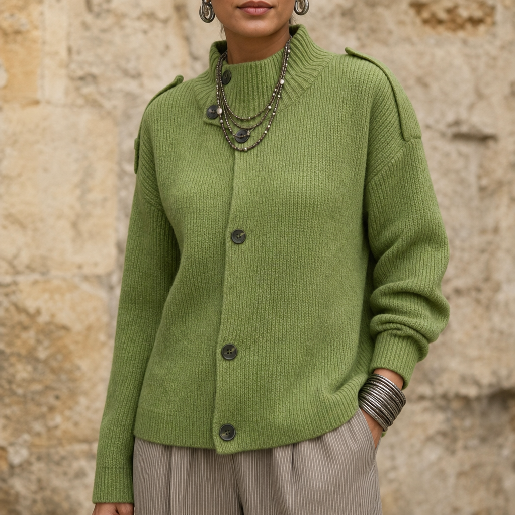 Diavelle – Diagonal Button High-Collar Knit Cardigan