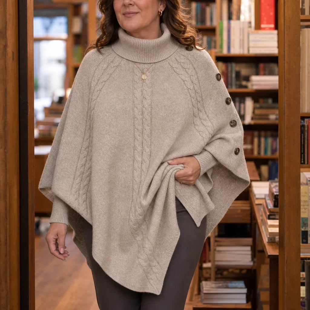 Cabelune – High-Neck Cable-Knit Cape Poncho Sweater