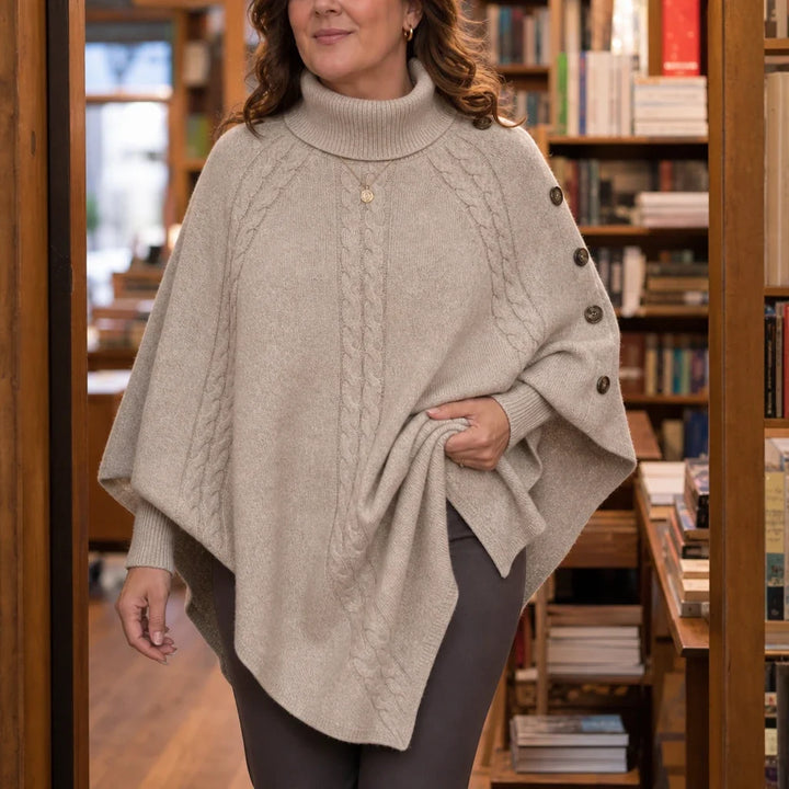 Cabelune – High-Neck Cable-Knit Cape Poncho Sweater