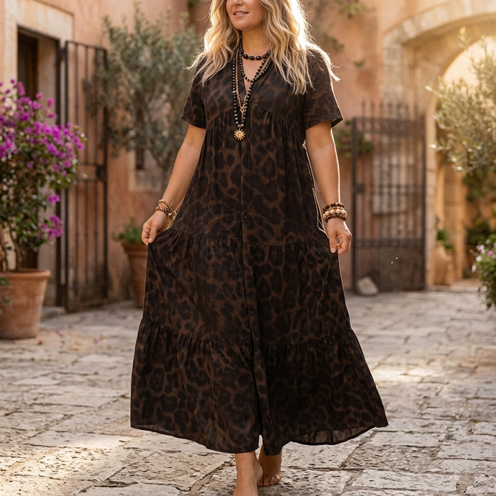 Velorra™ – Tiered Leopard Maxi Dress for Curvy Comfort