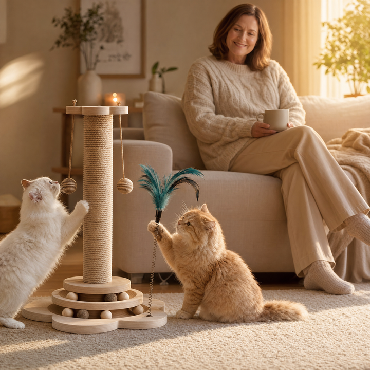 Purrch™ – 3-in-1 Sisal Scratching Post with Ball Track and Feather Wand
