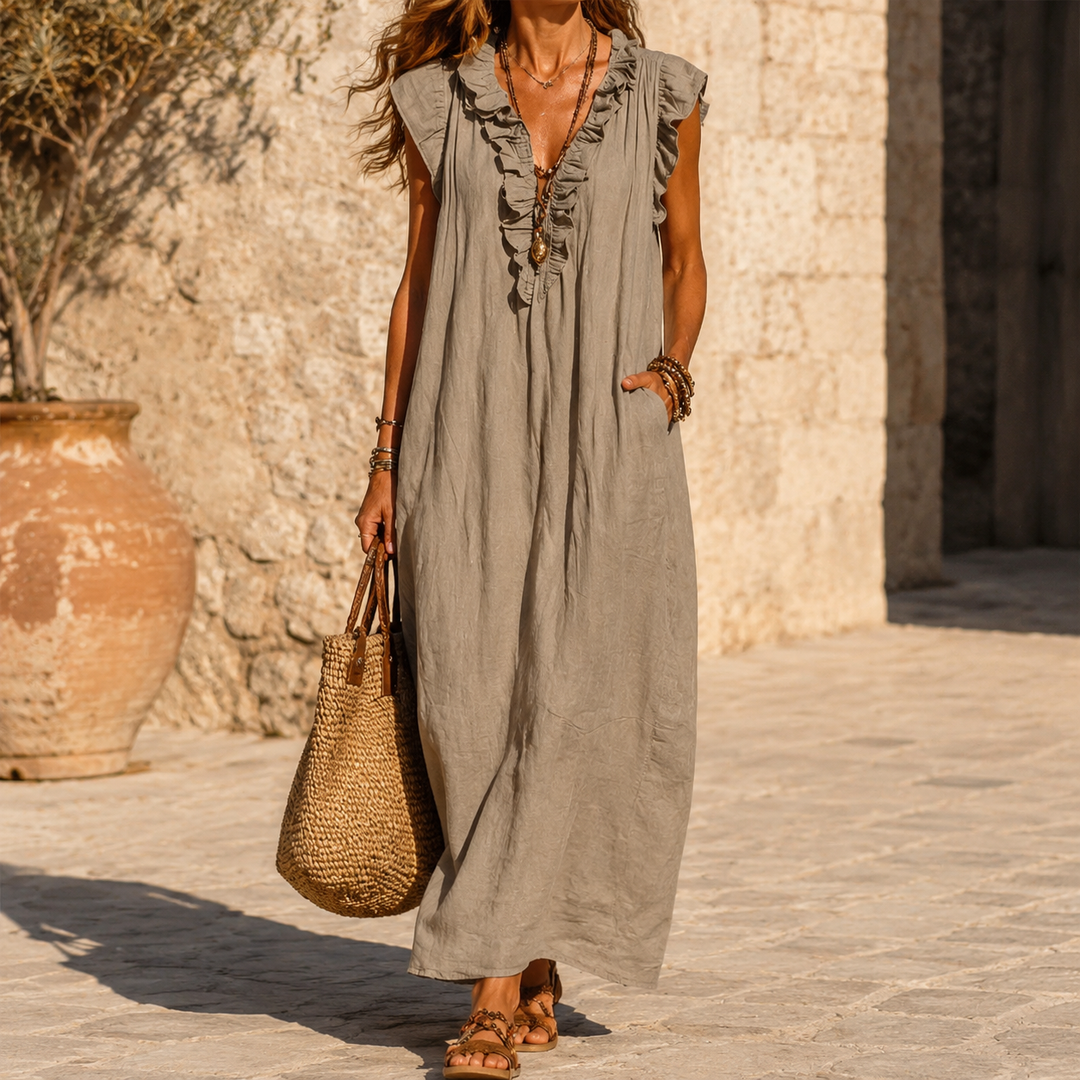 Veluna™ – Ruffle-V Midi Dress with Pockets