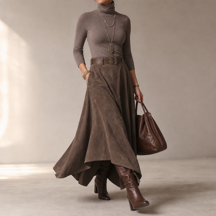 Sienna Fold – Asymmetrical Pleated Faux-Suede Skirt Set