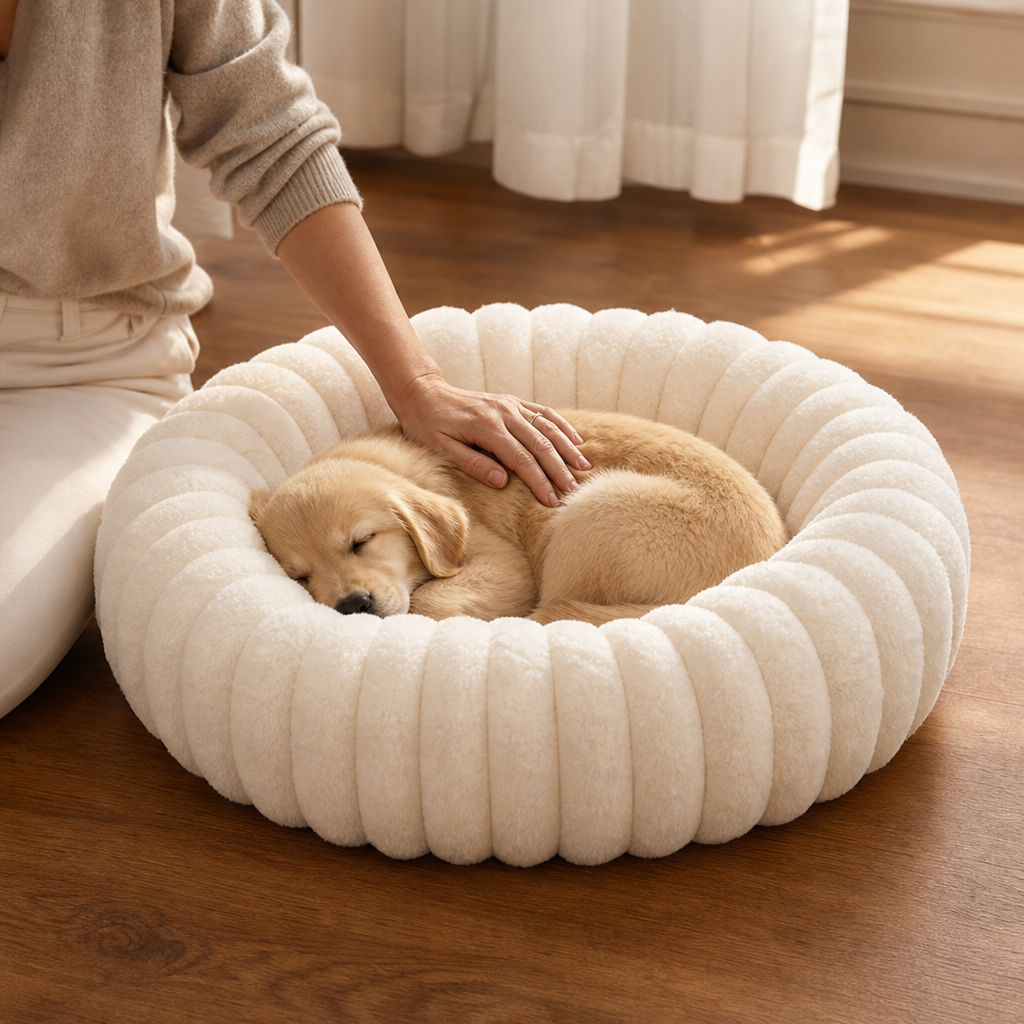 Nestwell – Raised-Edge Round Calming Plush Pet Bed