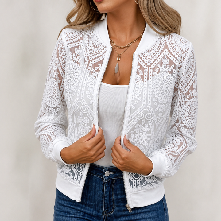 Laceleigh – Sheer Floral Lace Bomber Jacket