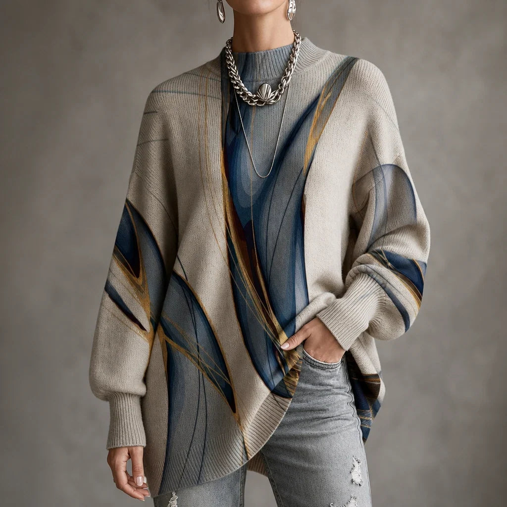 Stria – Abstract Pattern High-Neck Lantern-Sleeve Sweater
