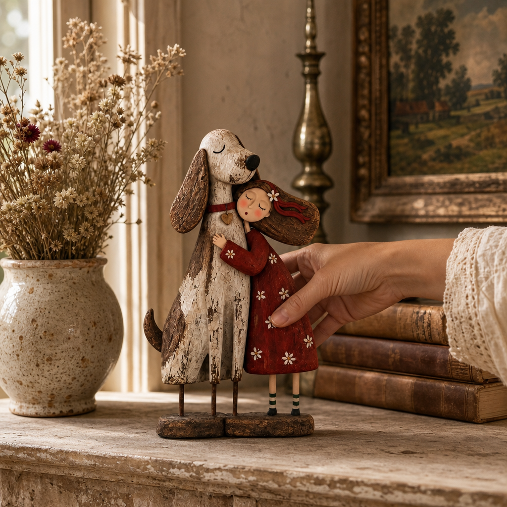 Wearbella – Distressed Resin Girl Hugging Pet Figurine