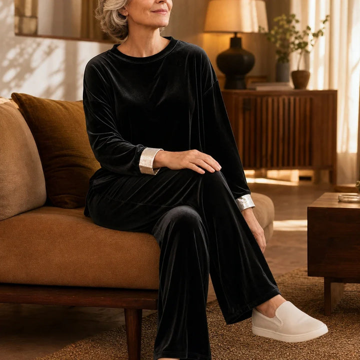 Veloura – Velvet-Look Long-Sleeve Top And Wide-Leg Pants Set