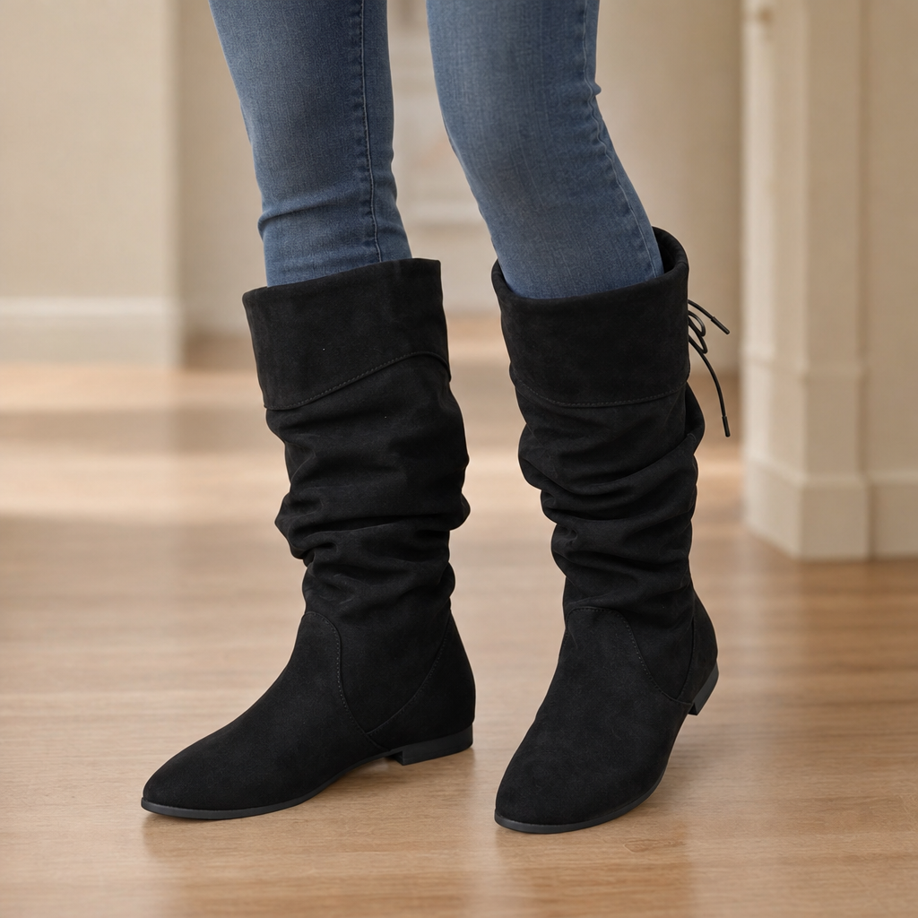 Slouch & Stroll – Lace-Up Slouchy Mid-Calf Boots
