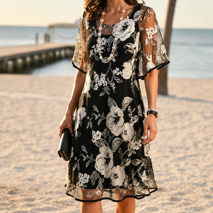 Solenya™ – Floral Chiffon Dress with Sheer Overlay