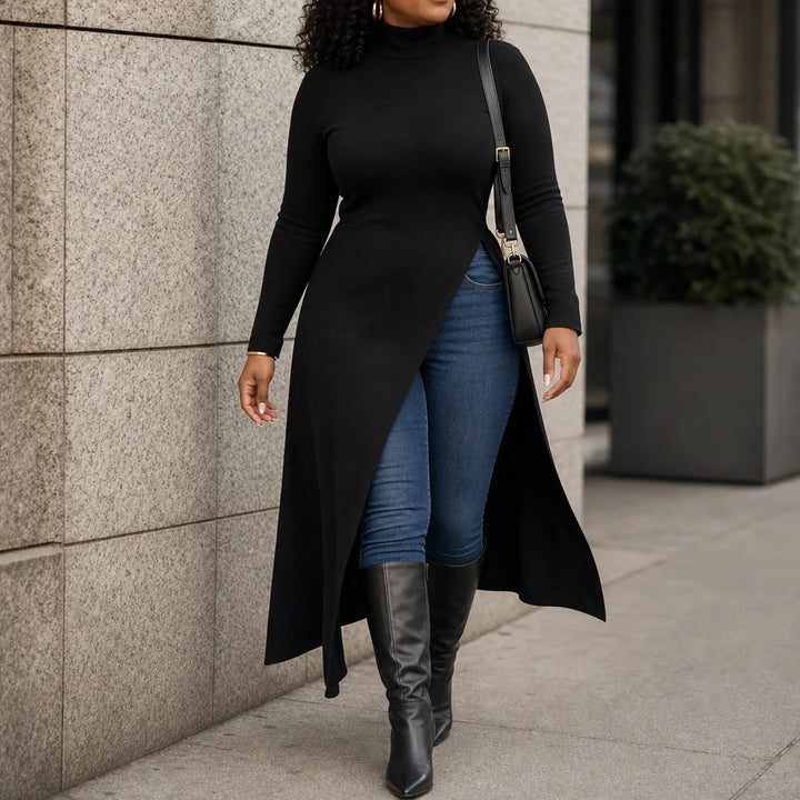 Wearbella – Asymmetric Hem Turtleneck Maxi Tunic