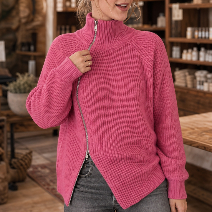 Wearbella – Asymmetric Zip Ribbed Knit Sweater