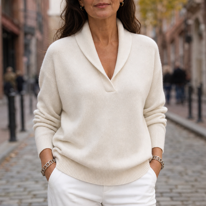 Antonia – Draped Shawl-Collar V-Neck Sweater