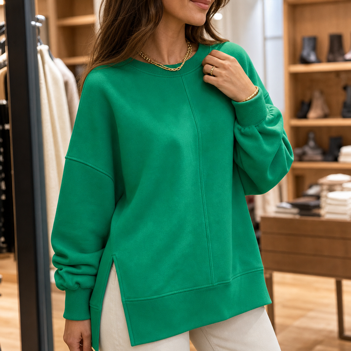 Verdant Ease – Drop Shoulder Side-Slit Sweatshirt