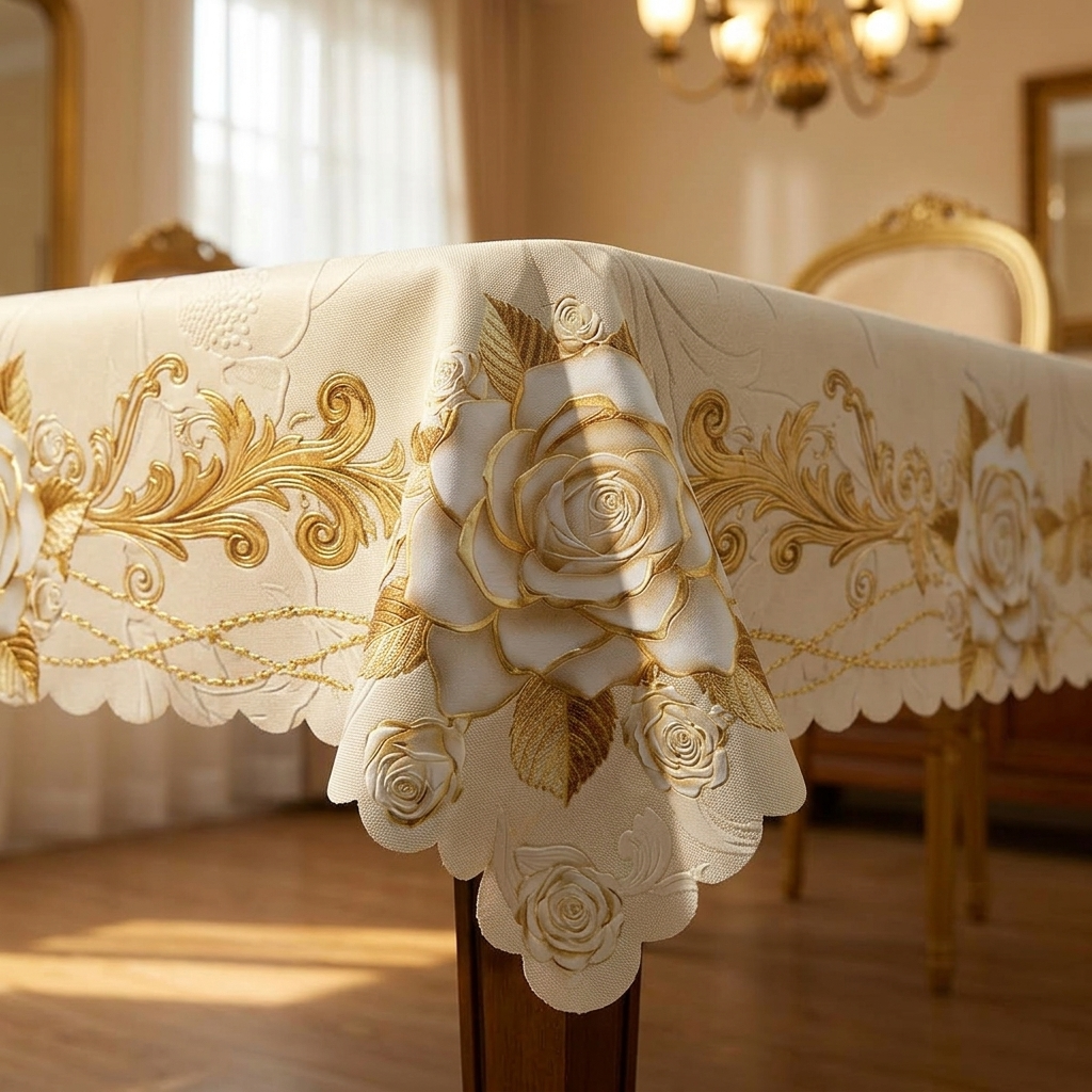 Rosalina™ – Embossed Gold Rose Waterproof Tablecloth
