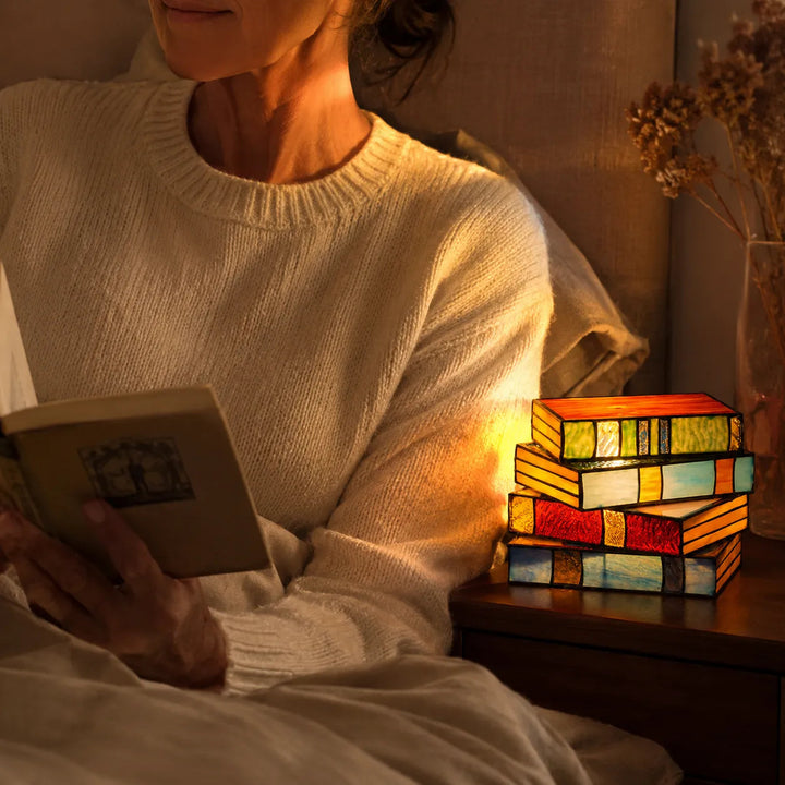 Lumira – Stained Glass Book Stack Table Lamp for Bedside & Reading Book