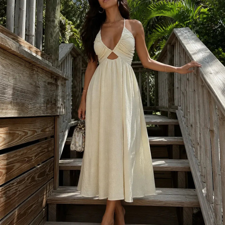 Solvenya – V-Neck Halter Maxi Dress with Cutout and Slit