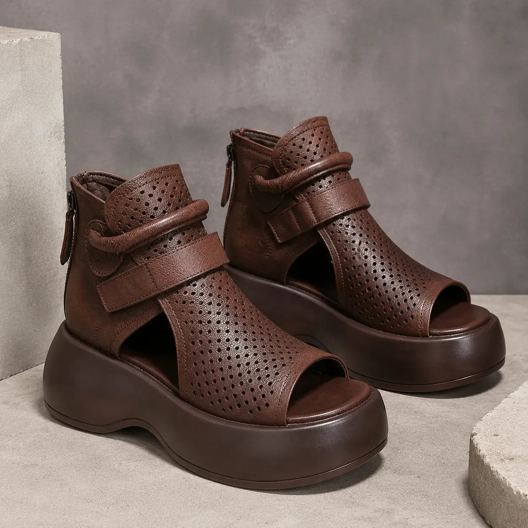 Terracora – Cut Out Platform Sandals with Back Zip, Cognac Espresso Beige