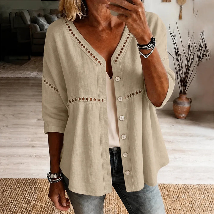 Loralee – Women's Lace Look-Trim Button-Up Blouse with Soft V-Neck Drape