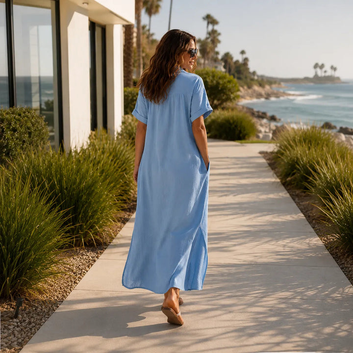 Solventa – Women's Linen-Look Maxi Shirt Dress with Pockets