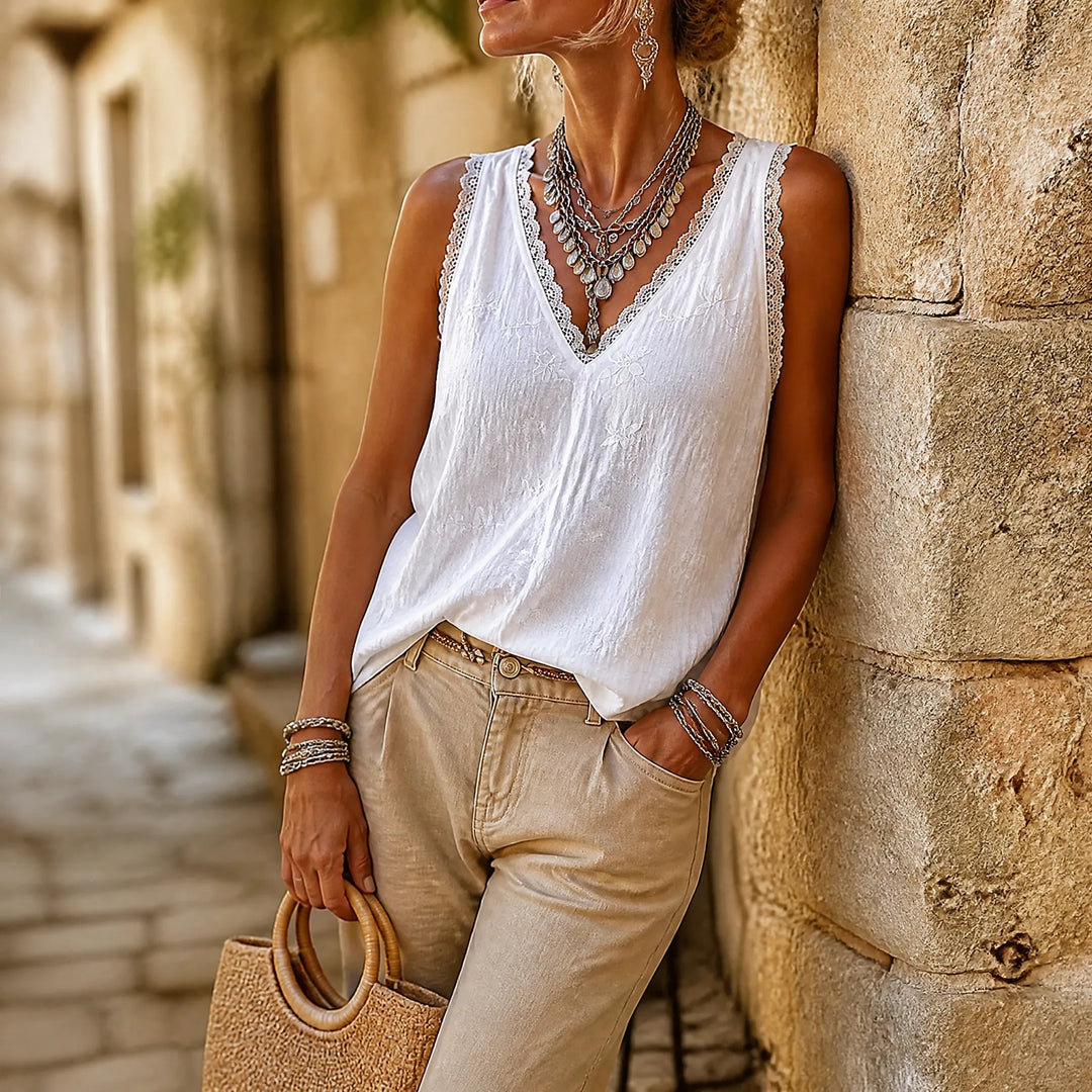 Solayne – White Lace V Neck Embroidered Look Tank Top for Women