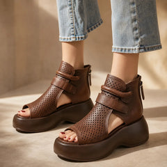 Terracora – Cut Out Platform Sandals with Back Zip, Cognac Espresso Beige