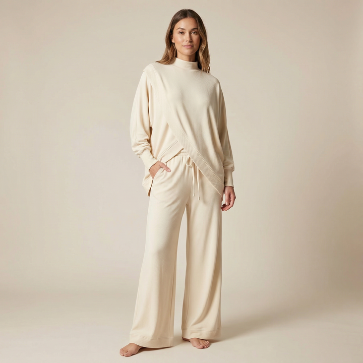 Vivara™ Asymmetric Knit Set with Wide Leg Pants