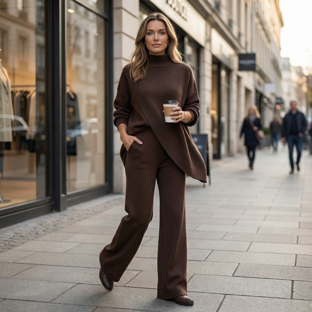 Vivara™ Asymmetric Knit Set with Wide Leg Pants