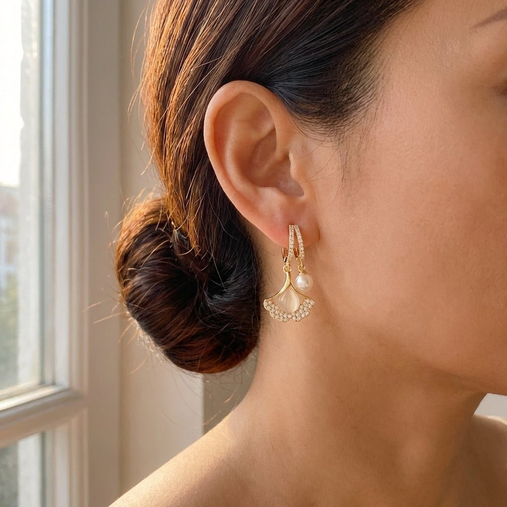 Ginara™ – Crystal Ginkgo Leaf Drop Earrings with Pearl - Lark & Clover