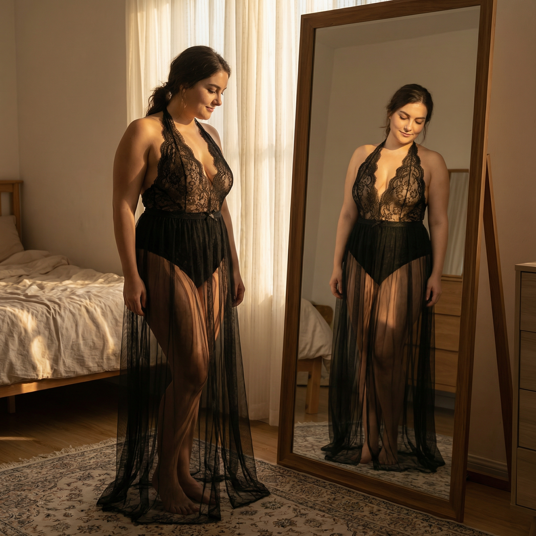 Velaire™ – Scalloped Lace Bodysuit with Sheer Mesh Train (One Size)
