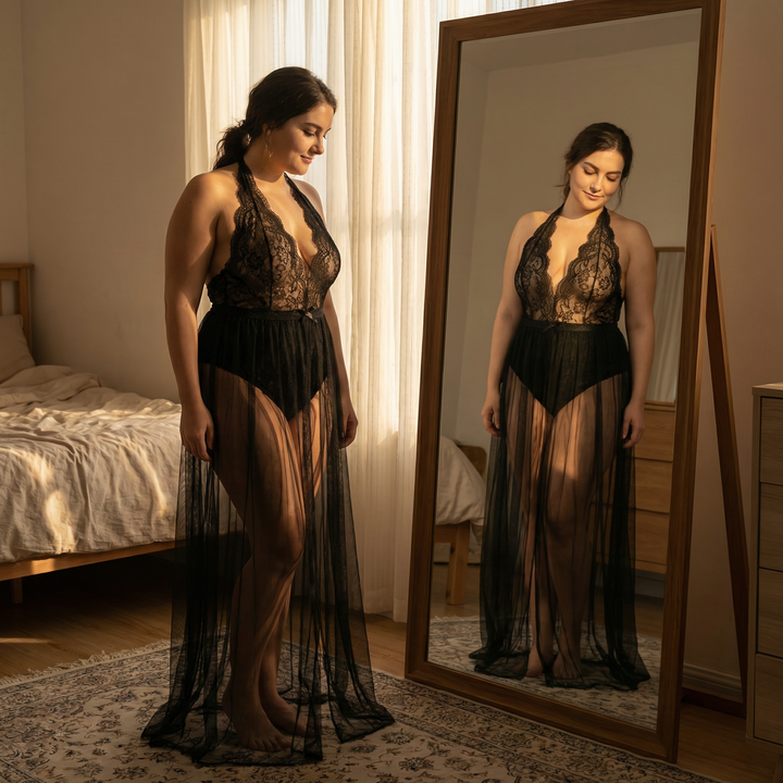 Velaire™ – Scalloped Lace Bodysuit with Sheer Mesh Train (One Size)