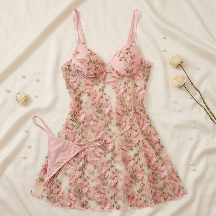 Papielle™ – Butterfly Embroidery Mesh Nightdress Set