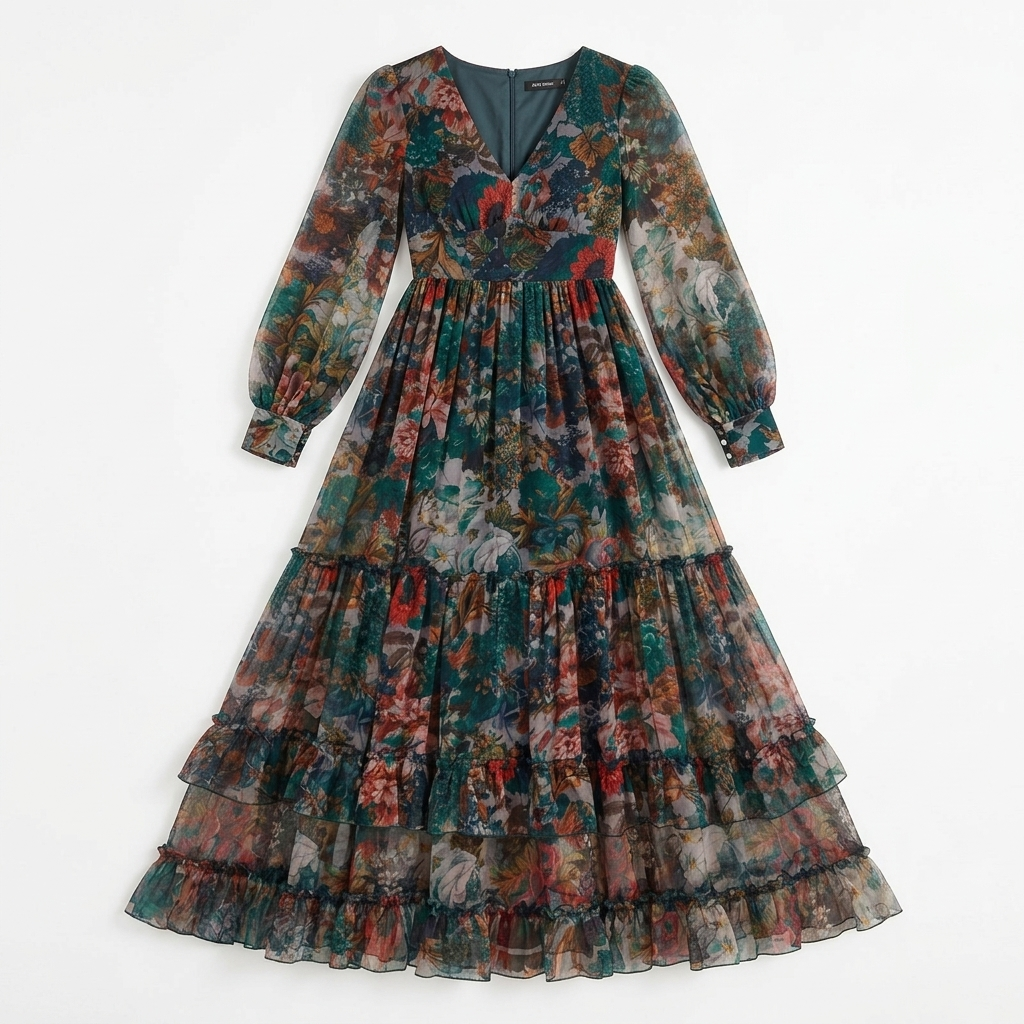 Floressa™ – Tiered Floral Maxi Dress with Lantern Sleeves