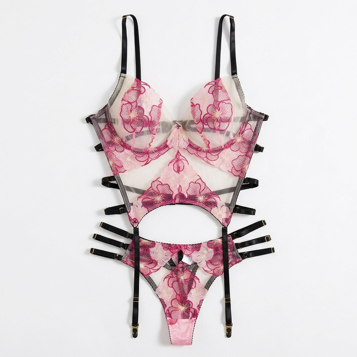 Florenza™ – Embroidered Floral Lingerie and Garter Set