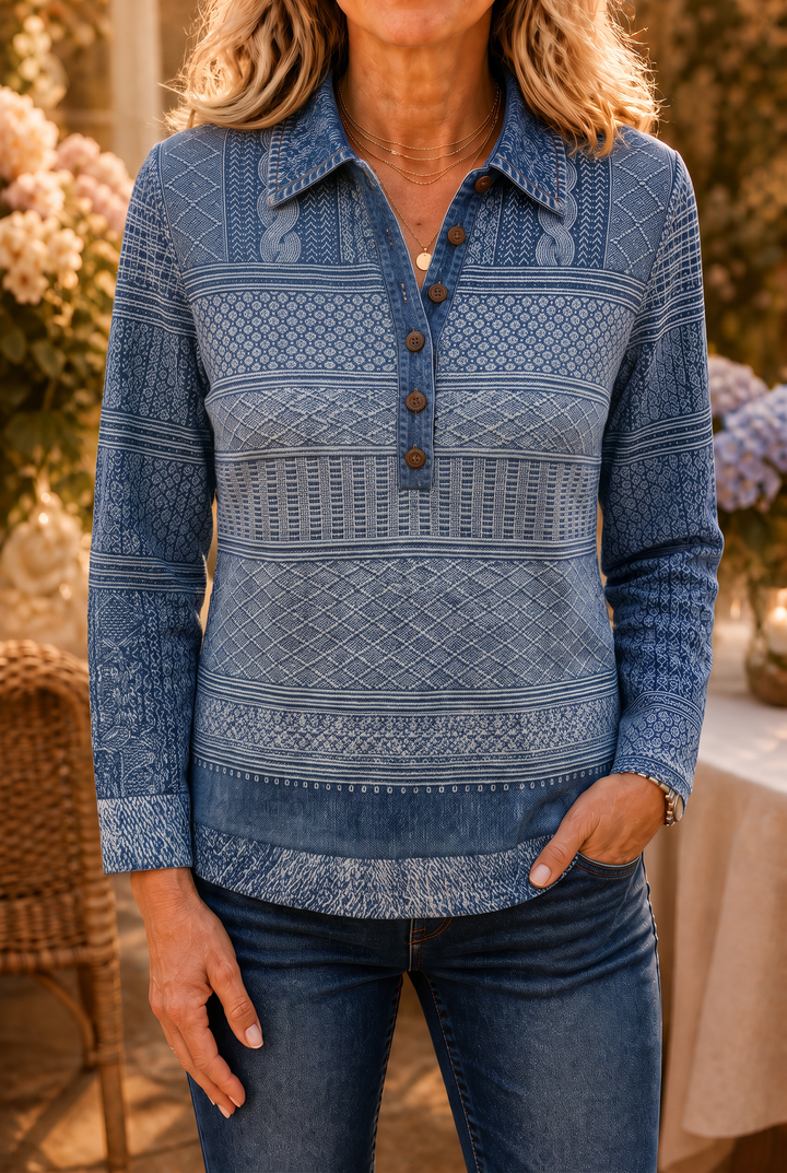 Layerlyn – Denim Patchwork Textured Knit Blouse