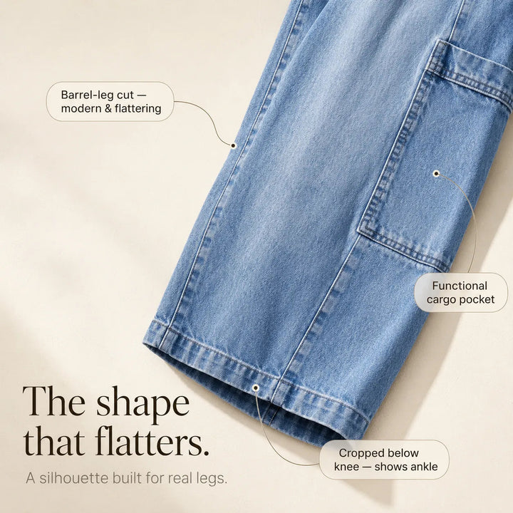 Mayfield – Cropped Barrel Denim look Capris with Cargo Pockets, Stretch Fit