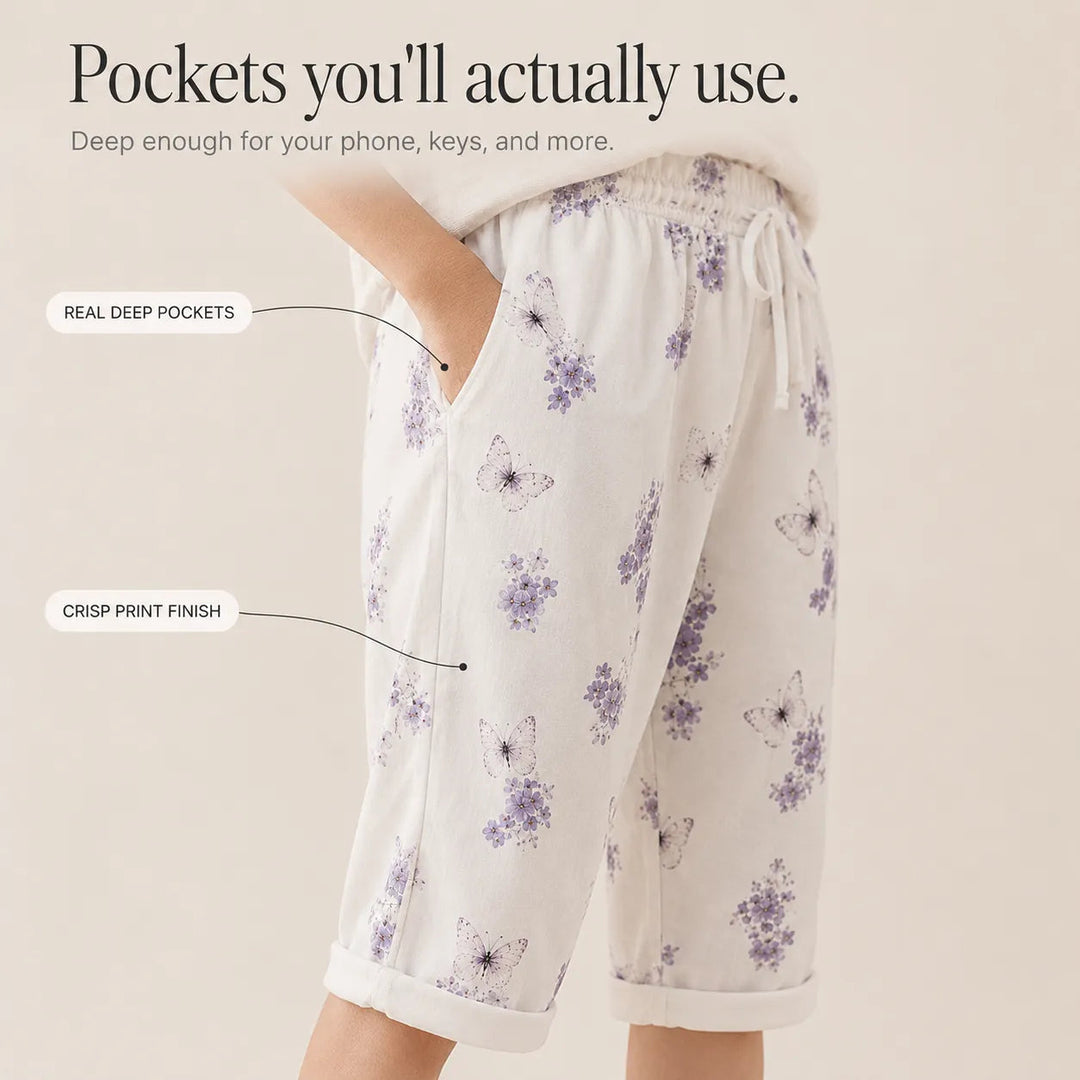 Solavia – Women's Cropped Drawstring Pants with Pockets, Printed Summer Style