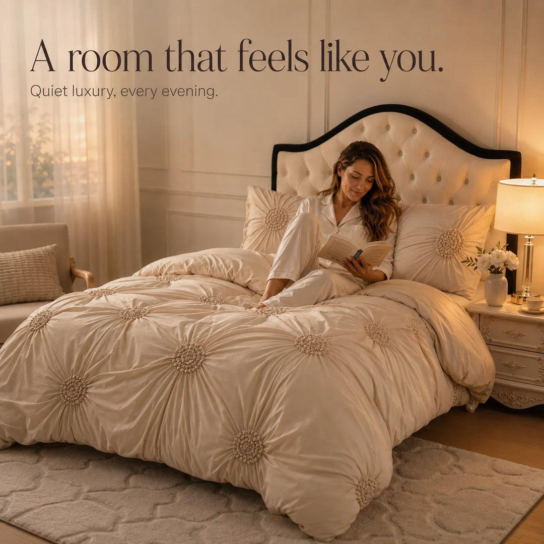 Lunavia – Ivory Tufted Rosette Comforter Cover Set with Shams