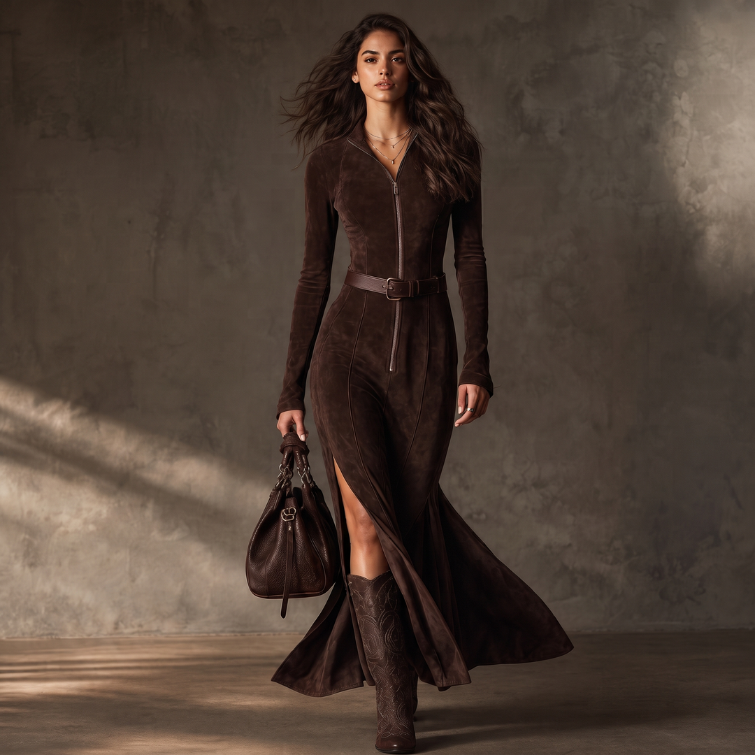 Noreva – Belted Zipper-Front Suede-Look Maxi Dress