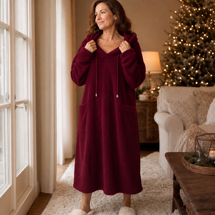 Wrapelle – Hooded Plush A-Line Maxi Lounge Dress