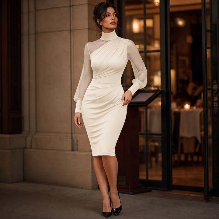 Wearbella – Mesh Sleeve Mock Neck Bodycon Midi Dress