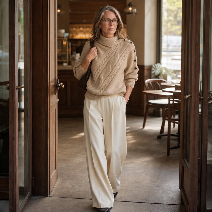 Cabledge – Diagonal Cable-Knit Button-Neck Sweater