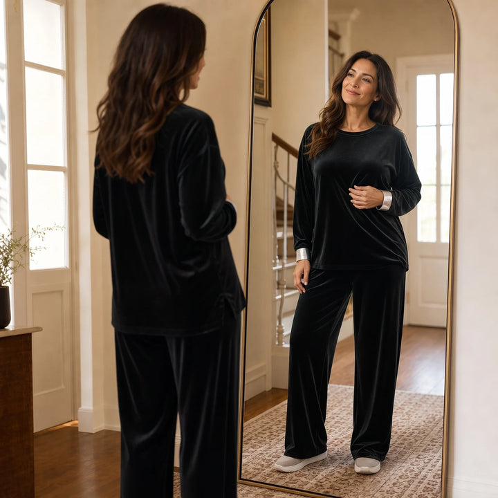 Veloura – Velvet-Look Long-Sleeve Top And Wide-Leg Pants Set