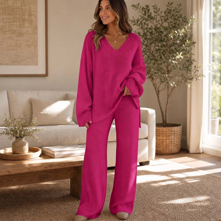 Vellora – V-Neck Knit Sweater And Wide-Leg Trouser Set