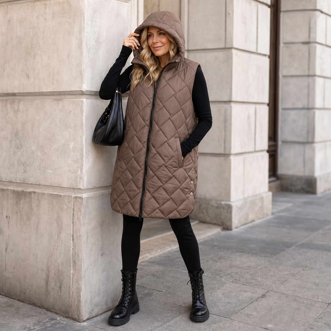 Quilted Ease – Square-Quilted Longline Hooded Vest