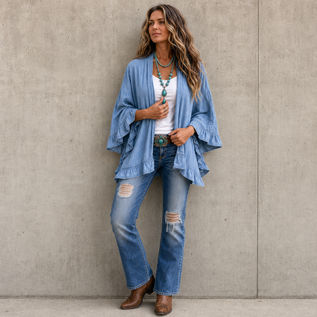 Ruffledenim – Ruffle-Trim Open-Front Denim Look Cardigan